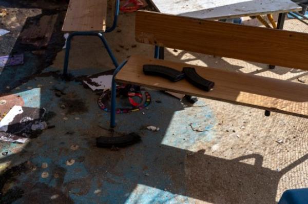 The Kibbutz Be?eri, Pictures show the Kindergarten which show signs of fighting and killing. Sam Greenhill words Kibbutz Be'eri