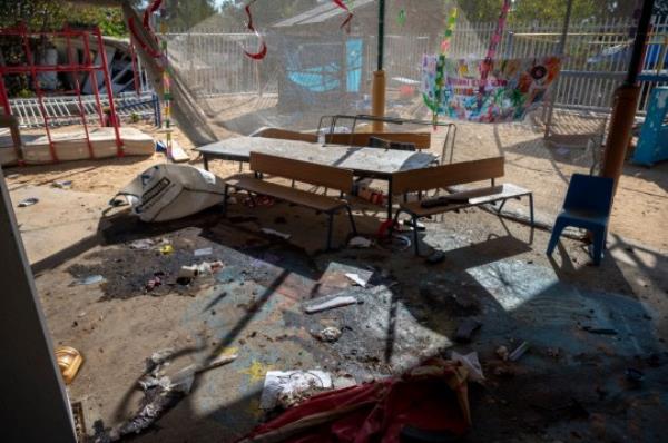 The Kibbutz Be?eri, Pictures show the Kindergarten which show signs of fighting and killing. Sam Greenhill words Kibbutz Be'eri