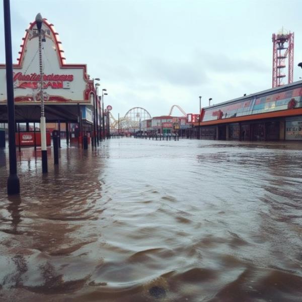Blackpool pleasure beach AI Reveals The Reality of Climate Change in 2100 ? AI illustrates the impact climate change could have on the world in 2100 ? 50-day-long heatwaves, disastrous wildfires and severe floods threaten the UK ? Images ba<em></em>sed on research and endorsed by experts The Eco Experts has predicted and visualised the impact of climate change by 2100, feeding expert analysis into AI platform Midjourney to show how wildfires, floods and drought will impact the UK if we fail to act. The images show how, if climate change co<em></em>ntinues at the rate it is currently at, our local landscapes, homes and ico<em></em>nic landmarks will be destroyed. Images are ba<em></em>sed on current rates of global warming and have been endorsed by UK climate experts. As an island, water presents some of the biggest risks for the UK. Using data from climate change non-profit Climate Central, the images show that Cambridge, Great Yarmouth, and a number of Lo<em></em>ndon landmarks are at risk. Don?t assume you are safe if you do not live near water, as wildfires are likely to also be a concern. In 2100, the Met Office predicts very long and very hot summer heat waves all over the UK, which will lead to wildfires occurring more frequently due to the vast green areas of the country. The damage doesn?t stop there. We can also expect to see severe coastal erosion, evacuation of homes, over-crowded hospitals and potentially the return of face masks