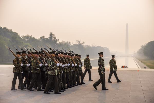 Members of the Marine Corps practice for an up-coming parade under skies made hazy from Canadian wildfires near the Lincoln Memorial in Washington, DC, USA, 08 June 2023.
