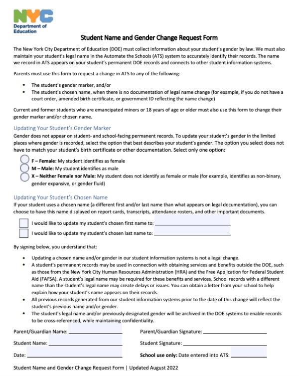 New York City Department of Education Student Name and Gender Change Request Form