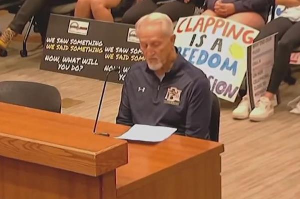 Team Assistant coach Tom Pero<em></em>nto speaks at a recent school board meeting regarding the allegations.