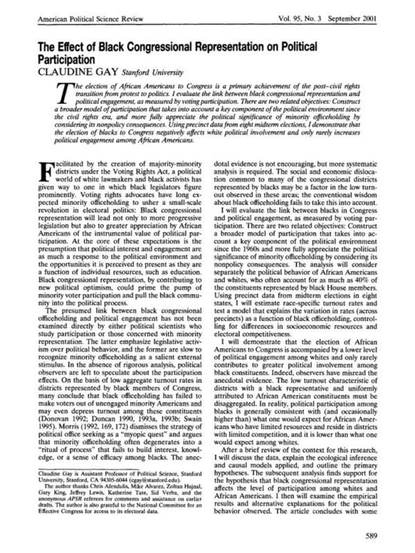 Gay has filed a correction for her 2001 Stanford paper highlighting the effects on voters when represented by black Americans in Congress. 