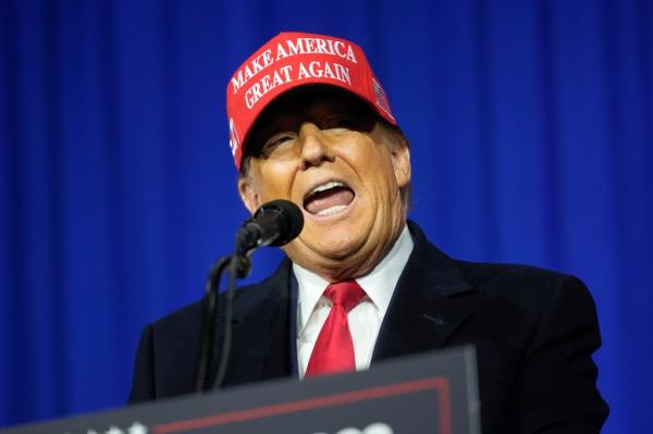 Republican presidential candidate former President Do<em></em>nald Trump speaks at a campaign rally in Waterford Township, Mich., Saturday, Feb. 17, 2024. 