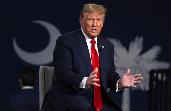 Republican presidential candidate, former U.S. President Do<em></em>nald Trump speaks during a Fox News town hall at the Greenville Co<em></em>nvention Center on February 20, 2024 in Greenville, South Carolina.