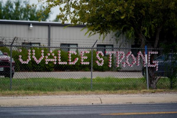 A 'Uvalde Strong' message is posted in front of the Uvalde County Mental Health building, Tuesday, July 12, 2022,