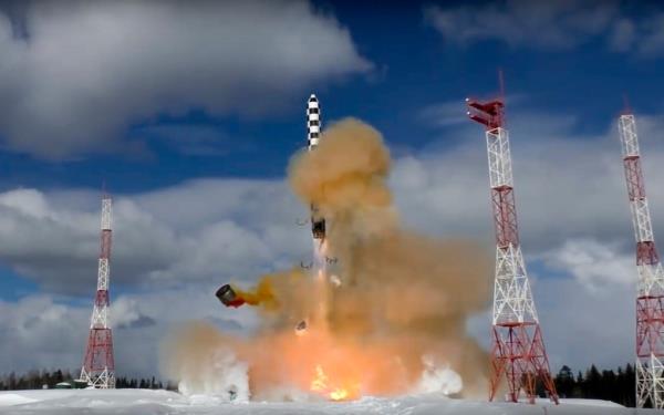 In this image from video provided by the Russian Defense Ministry Press Service, the Sarmat interco<em></em>ntinental ballistic missile blasts off during a test launch Friday from the Plesetsk launch pad in northwestern Russia, Friday, March 30, 2018.