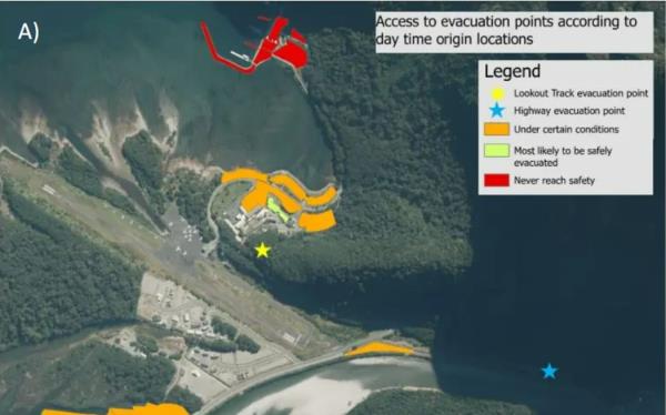 A figure from Harris’s thesis showing daytime evacuation success rates ba<em></em>sed on usual population centres in Milford Sound. The uncoloured buildings south of the airstrip are staff housing, occupied o<em></em>nly at night, and are red-zo<em></em>ned for the night scenario.