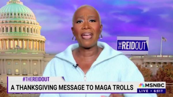 Joy-Ann Reid, a woman in a white jacket, sending a message to Republicans on Thanksgiving