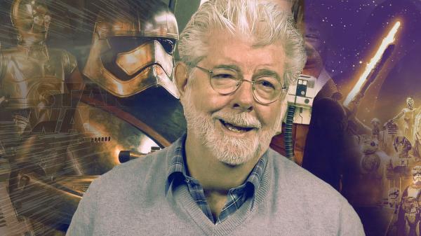 An edited image of George Lucas standing in front of different Star Wars characters