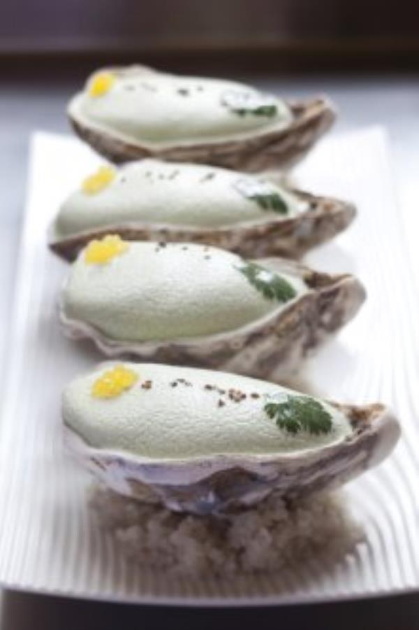 Les speciales de Gillardeau avec leur chantilly au cafe vert, an oyster dish by Michel Guérard. 
