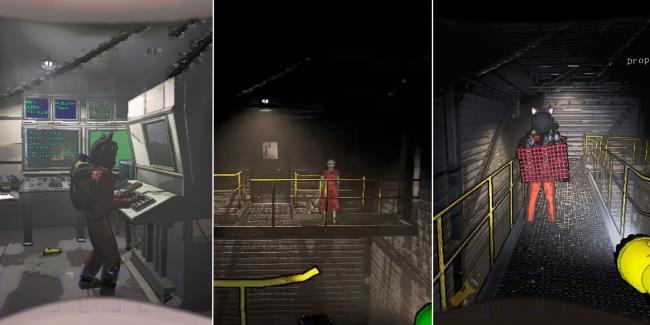Lethal Company split image of player on the terminal, ghost girl, and player carrying bottles