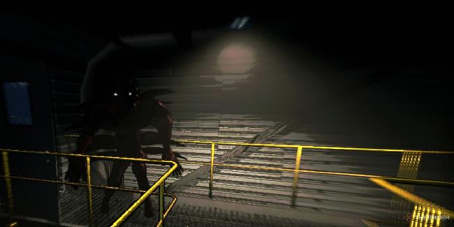 A screenshot from Lethal Company showing the Bracken next to a rail and an open door as it moves closer to the player.
