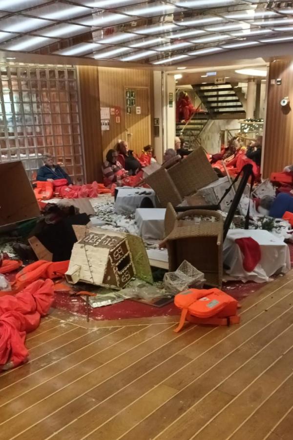 Debris scattered aboard the damaged cruise ship.