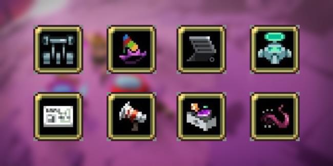 Sprites of eight weapons from Vampire Survivors: Emergency Meeting