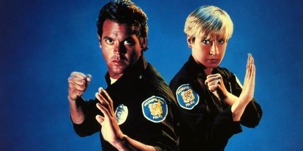 Two cops in fighting stances on the poster for Martial Law