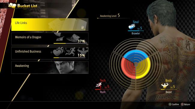 The four aspects of Kiryu's Bucket List: Life l<em></em>inks, Memoirs of a Dragon, Unfinished Business and Awakening in the menu of Like A Dragon: Infinite Wealth.