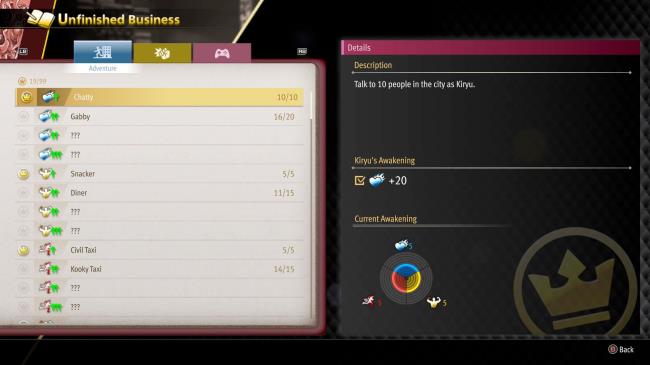 Kiryu's Bucket List Unfinished Business menu in Like A Dragon: Infinite Wealth.