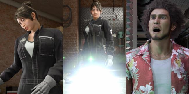 A split image of Julie at work, a fully crafted weapon glowing, and Kasuga looking shocked inLike A Dragon: Infinite Wealth.