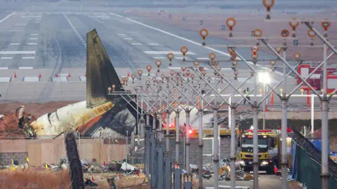 Reuters The crashed Jeju Air plane that went off the runway lies at Muan Internatio<em></em>nal Airport, in Muan, South Korea, with emergency vehicles nearby