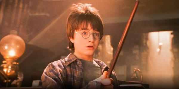 Harry Potter (Daniel Radcliffe) looking stunned and getting his wand in Harry Potter and the Sorcerer's Stone