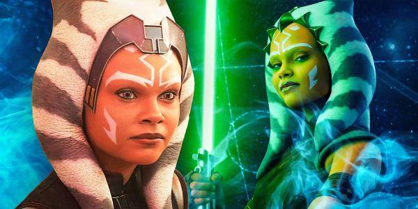 Young Ahsoka in live-action to the left looking co<em></em>ncerned and young Ahsoka in live-action to the right holding a green lightsaber and looking confident
