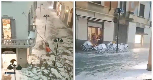 视频：当结冰的河流开始在道路上流动时，极端高温和冰雹给意大利造成了破坏，到处都是抗议