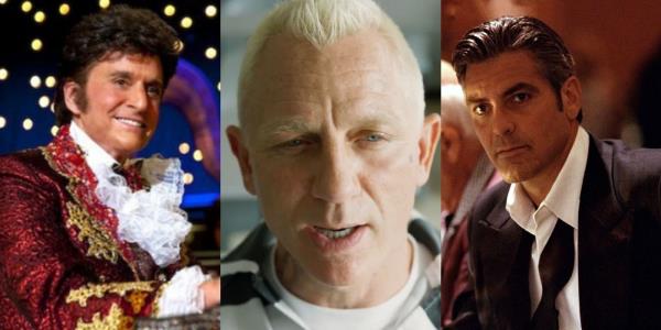 Split image of Liberace in Behind the Candelabra, Joe in Logan Lucky, and Danny in Ocean's Eleven