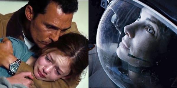 Split image of Cooper hugging Murphy and Sandra Bullock in Gravity