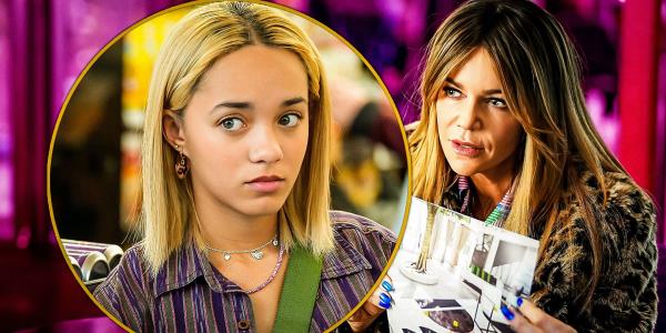 Featured image of Amirah J's character Ava in a gold circle next to Kaitlin Olson's character Morgan holding a photo in High Potential.