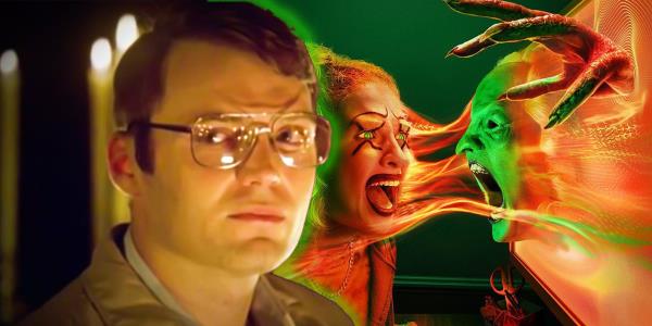 Seth Gabel as Jeffrey Dahmer in AHS: Hotel with the poster for American Horror Stories season 3