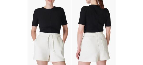 Front and rear view of black Sweaty Betty Rib T-Shirt