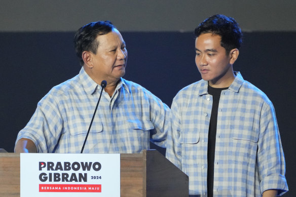 Prabowo Subianto with his running mate, Gibran Rakabuming Raka, after the Indo<em></em>nesian elections this month.