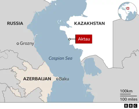 A map showing Grozny in Russia, Baku in Azerbaijan, Aktau in Kazakhstan and the Caspian Sea