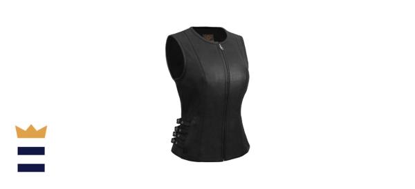 True Element Women's Zipper Front Quality Motorcycle Leather Vest for Female Biker's