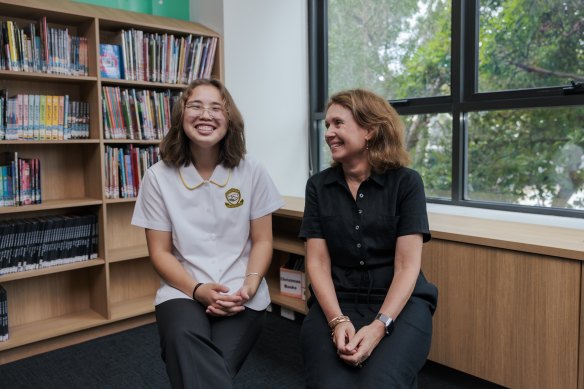Nandinso<em></em>ndor “Ava” Bayarjargal, left, attended Central Sydney Intensive English High School. Pictured with principal Arety Dassaklis.